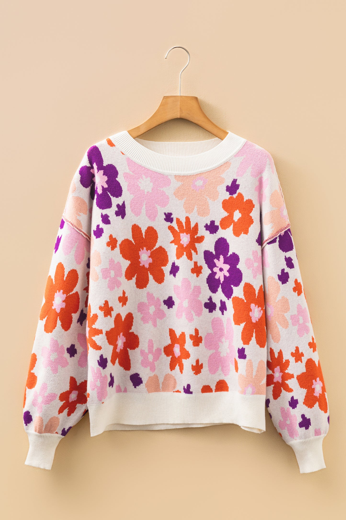 Floral Ribbed Trim Drop Shoulder Sweater