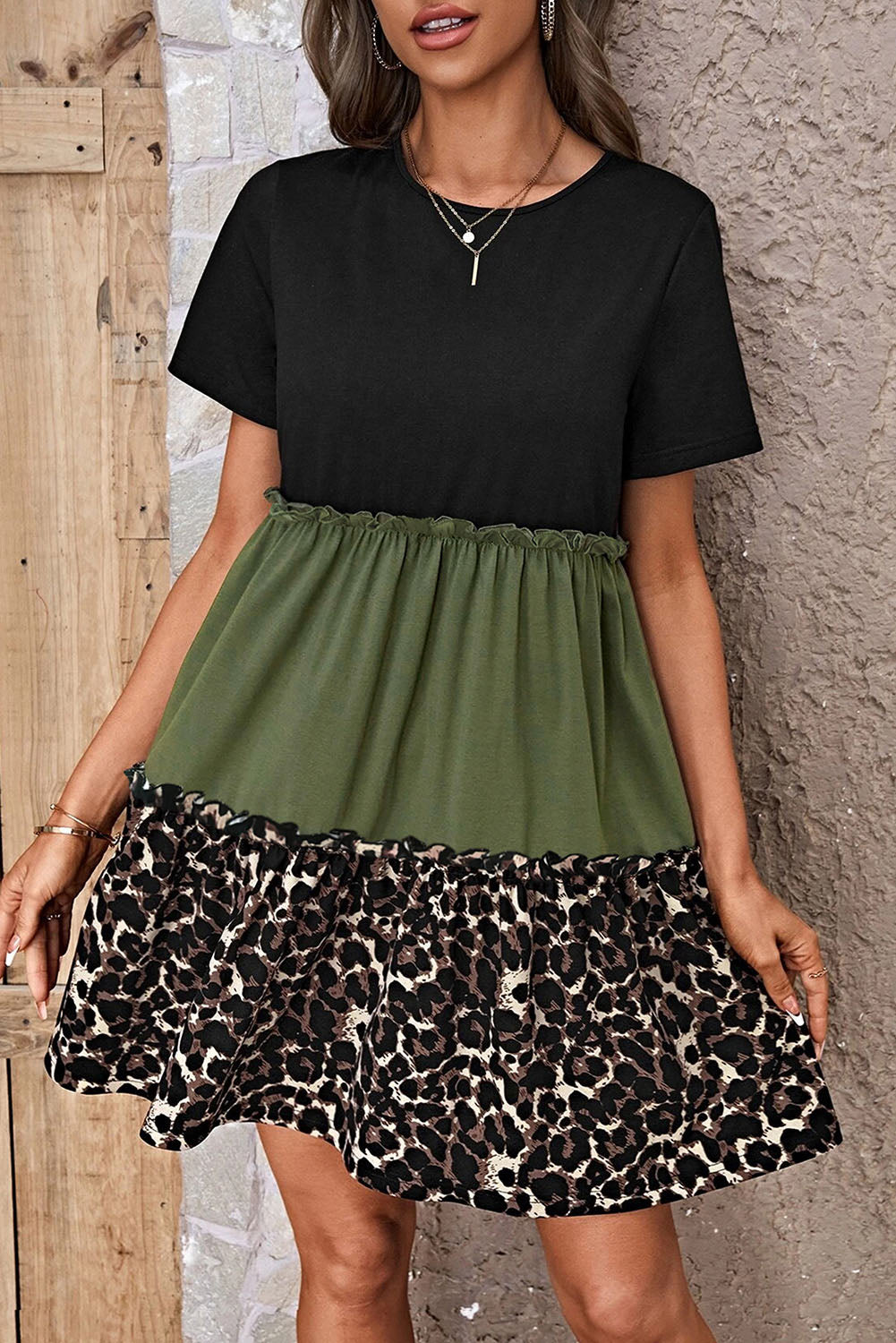 Leopard Colorblock Frilled T-Shirt Dress