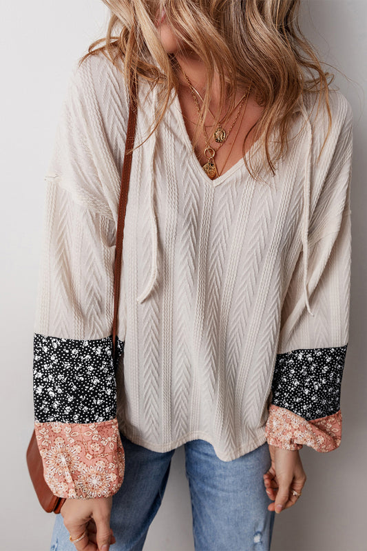 Floral Colorblock Textured V-Neck Blouse