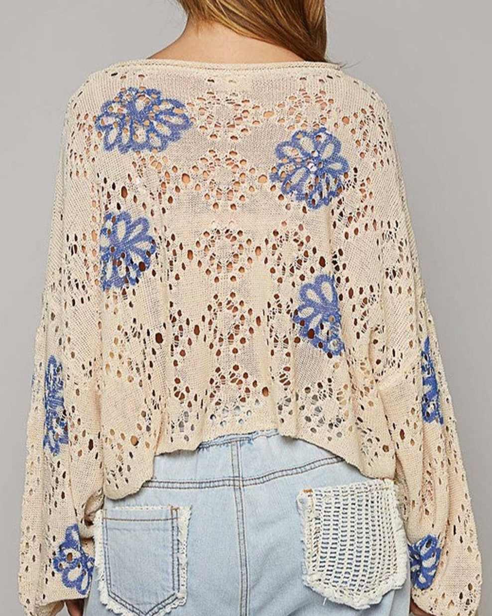 Floral Eyelet Drop Shoulder Sweater