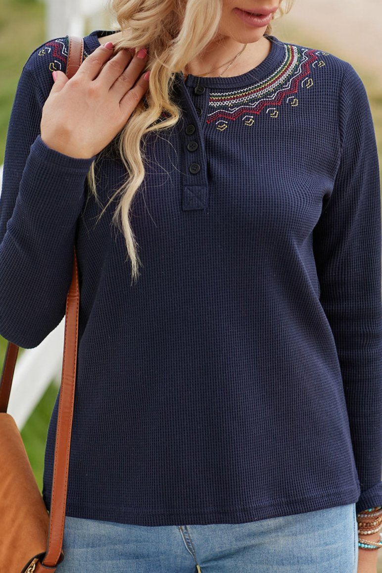 Embroidered Waffle Knit Henley Top