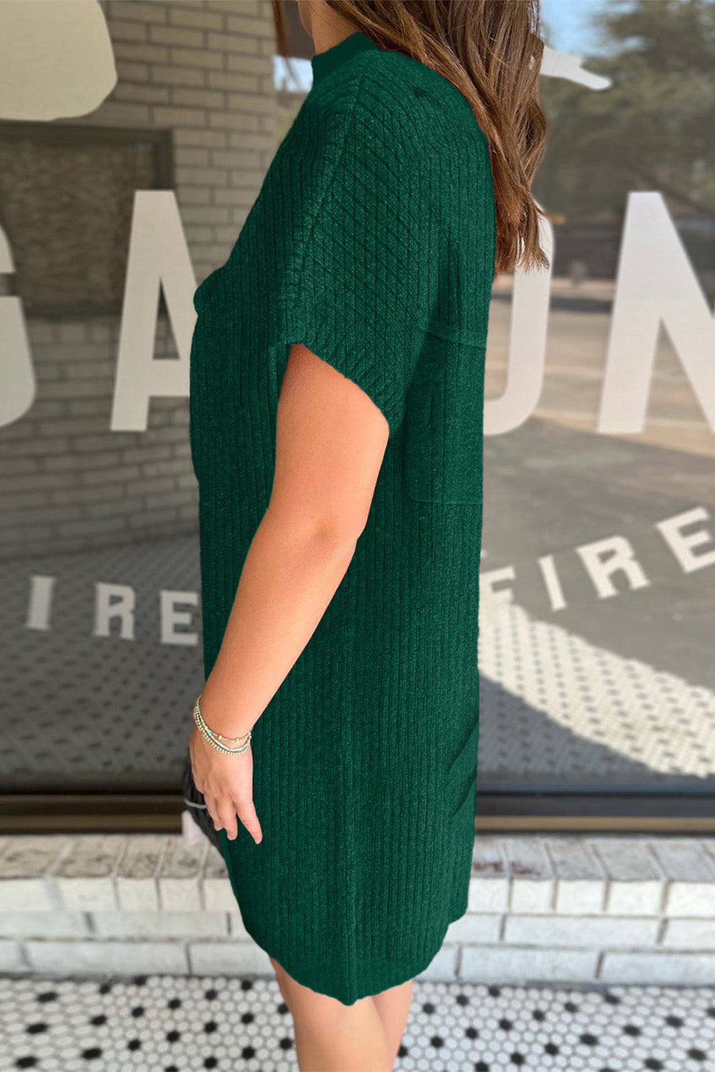 Ribbed Short Sleeve Sweater Dress