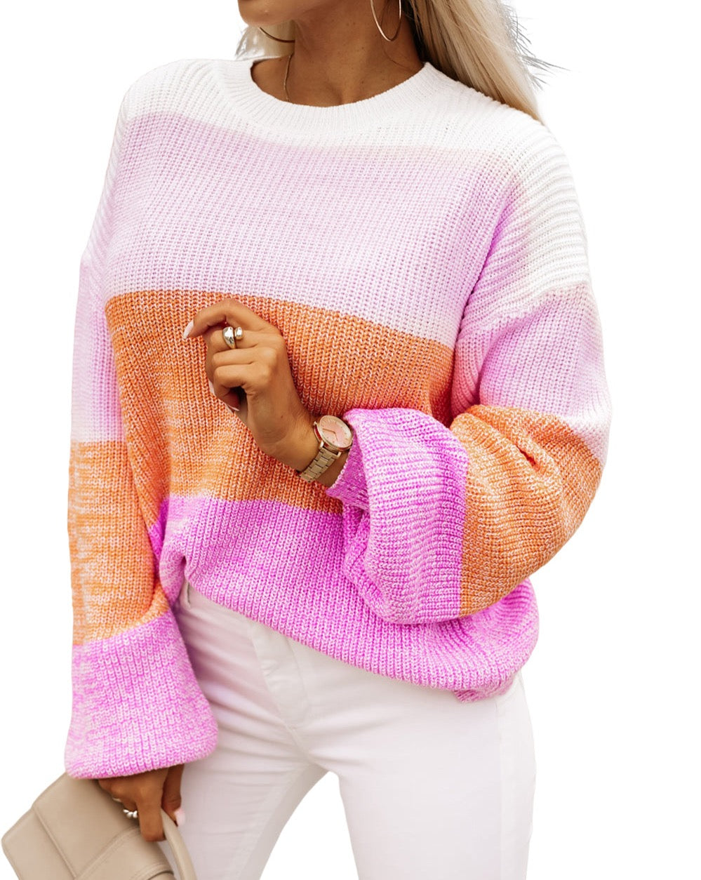 Colorblock Striped Bishop Sleeve Sweater