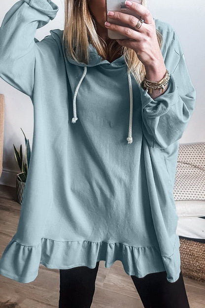 Solid Ruffle Hem Tunic Hoodie