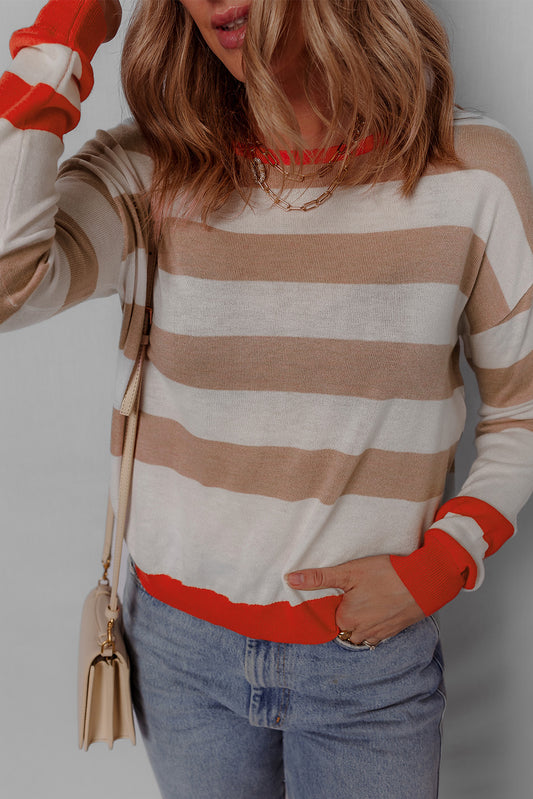 Stripe Colorblock Crewneck Drop Shoulder Sweater