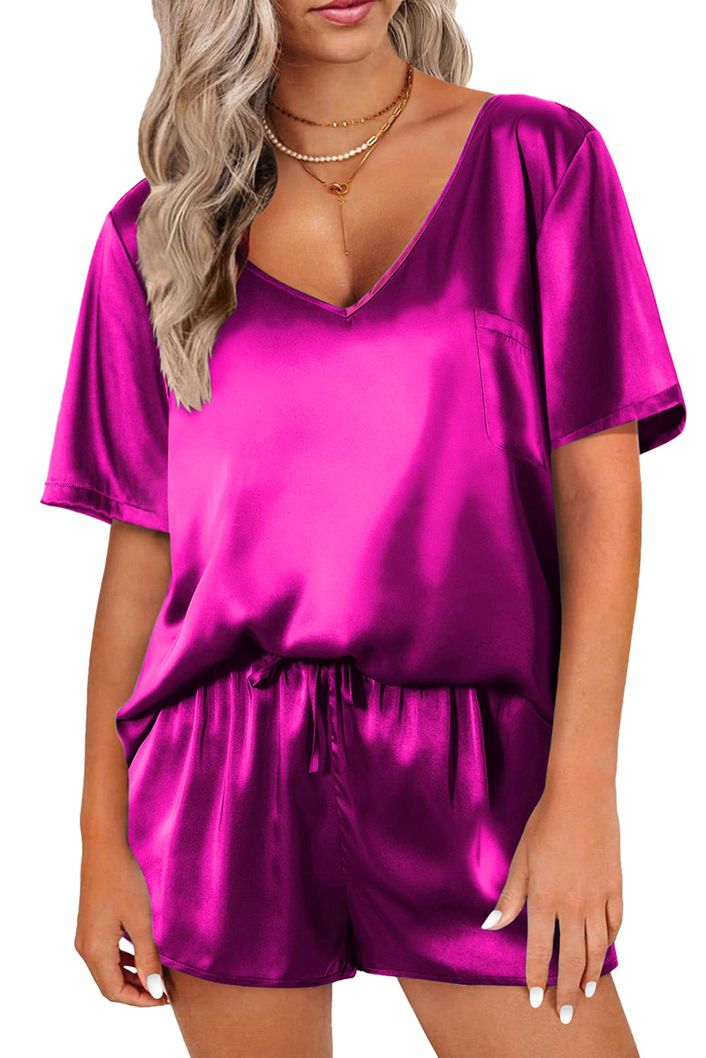 Satin V-Neck Tee and Shorts Set