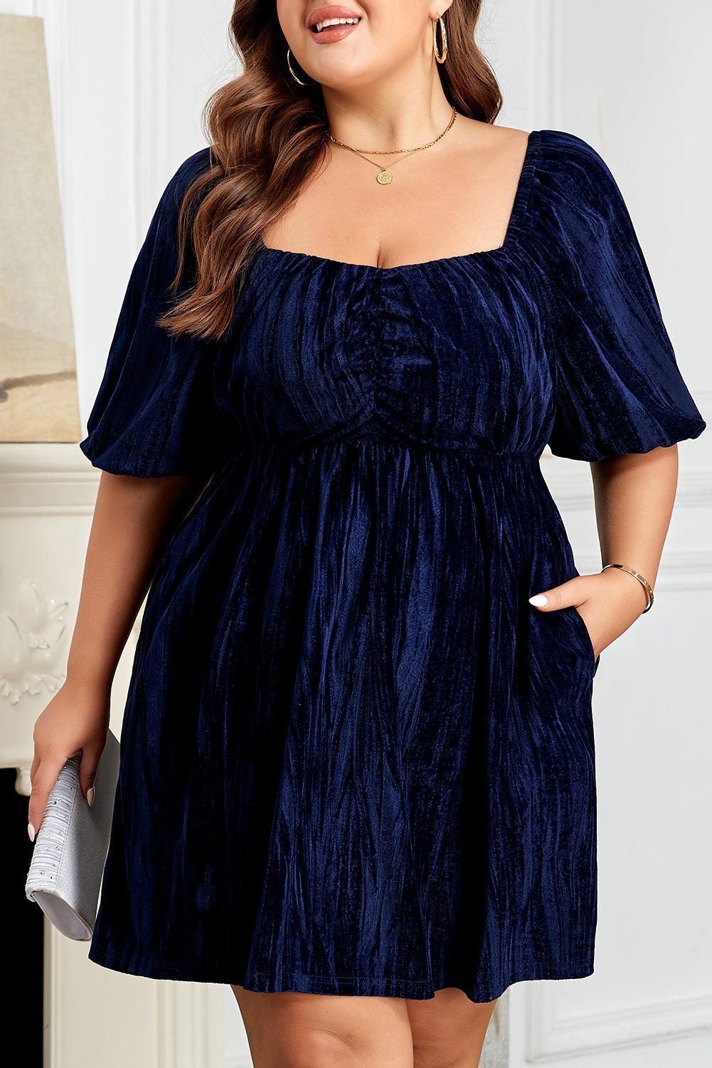 Plus Size Ruched Velvet Puff Sleeve Mini Dress