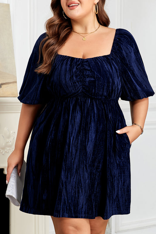 Plus Size Ruched Velvet Puff Sleeve Mini Dress