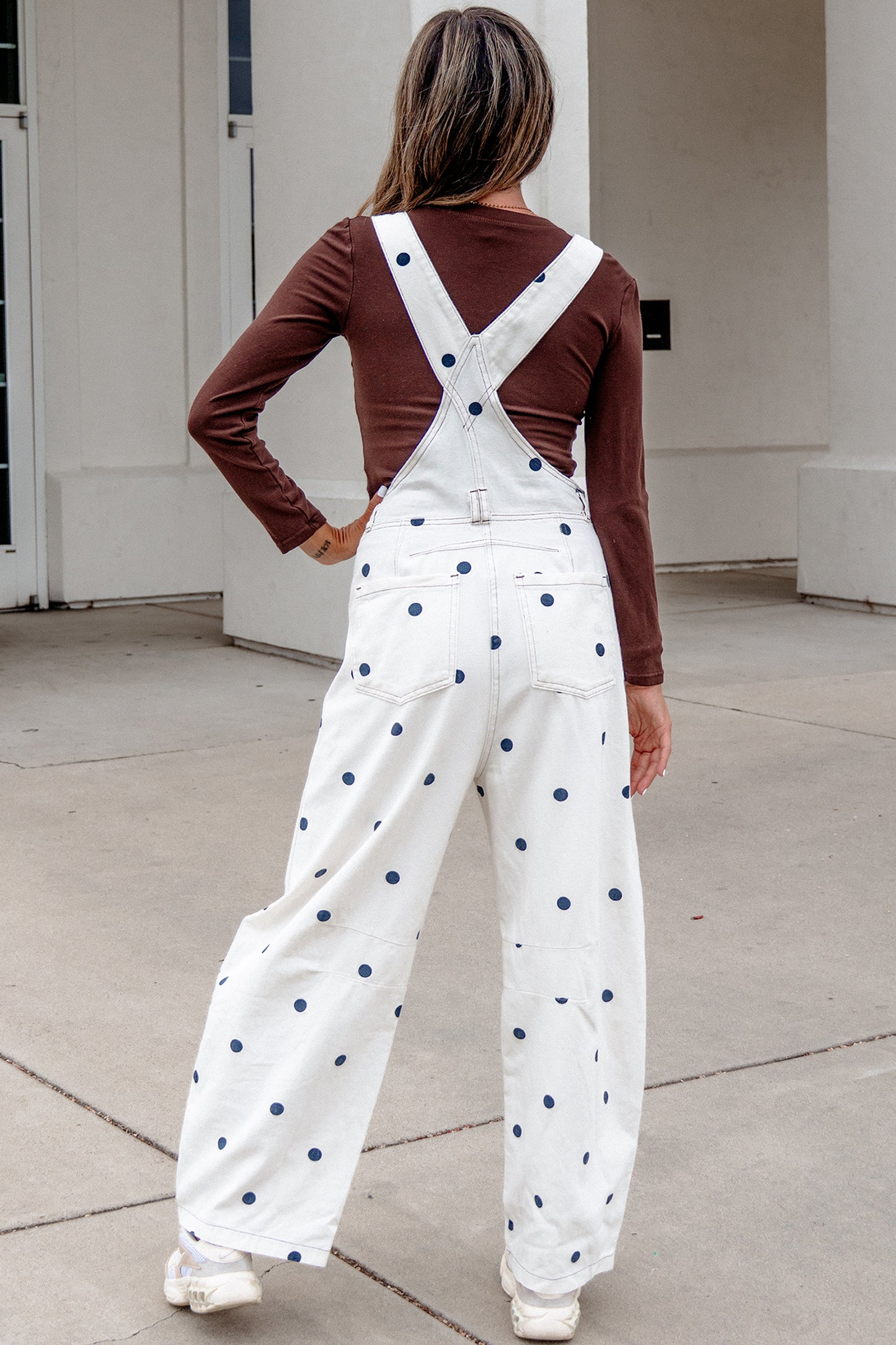 Polka Dot Denim Barrel Leg Overalls Jumpsuit