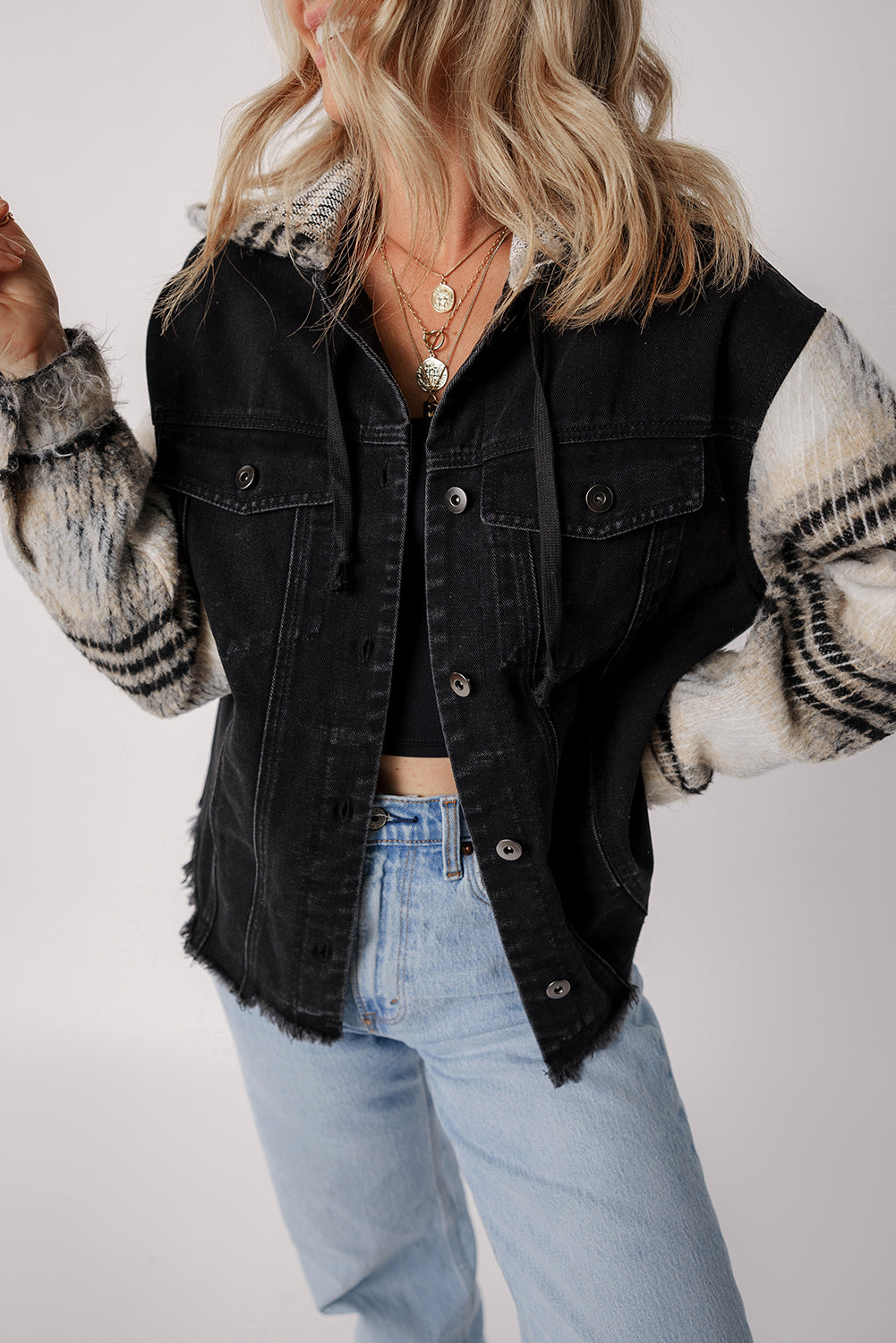 Plaid Denim Patchwork Hooded Jacket