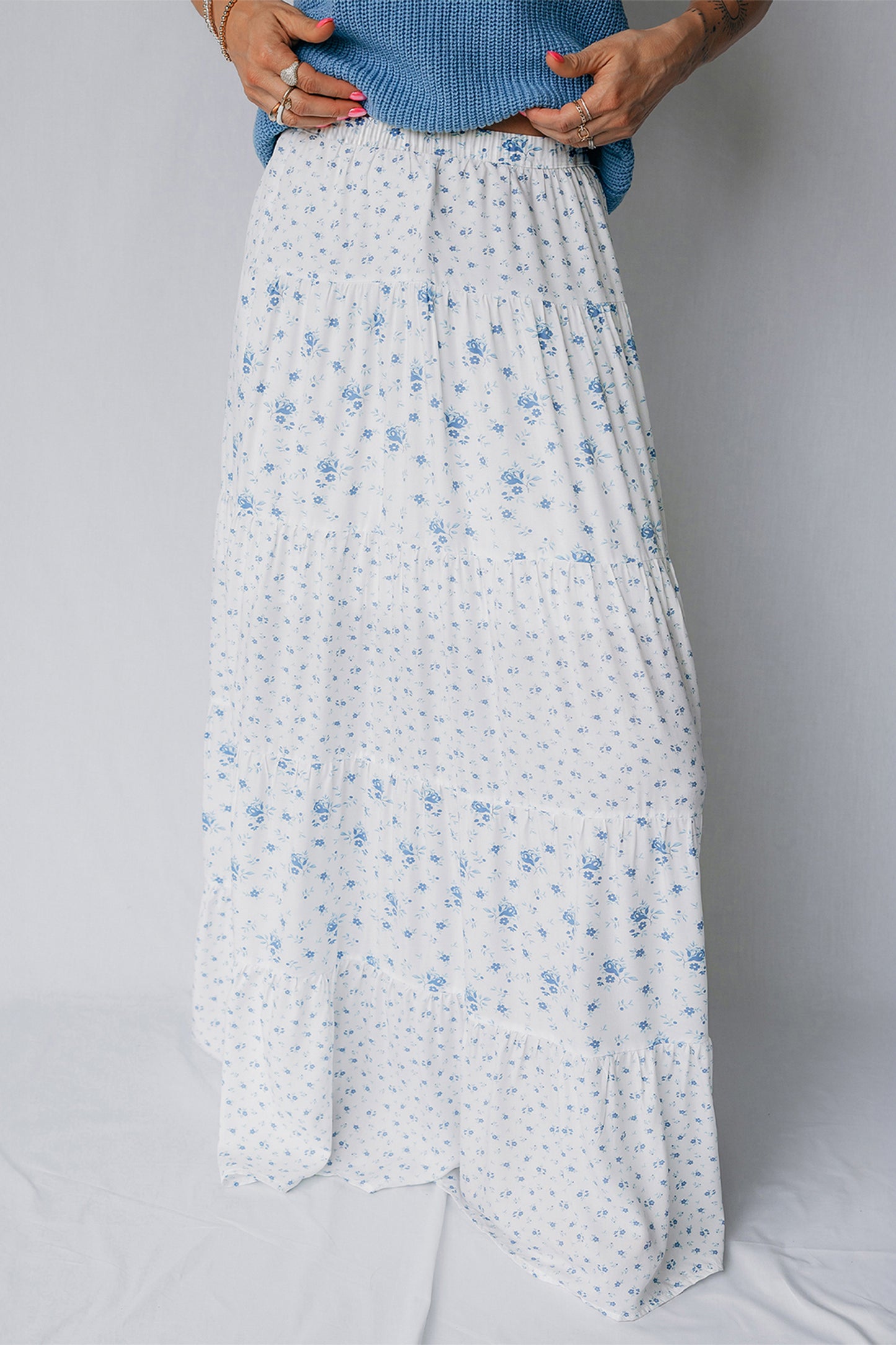 Floral Patchwork High Waist Tiered Maxi Skirt