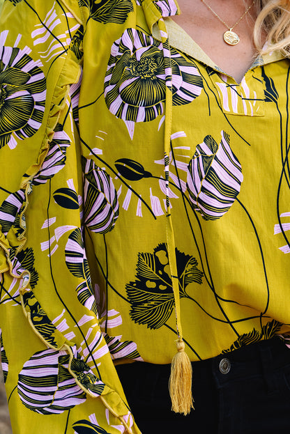 Floral V-Neck Ruffle Trim Long Sleeve Blouse