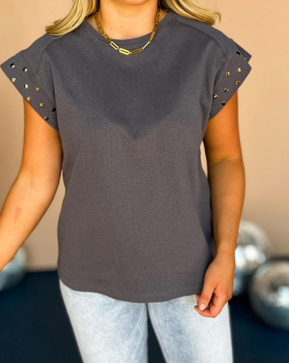 Studded Short Sleeve Crewneck Top