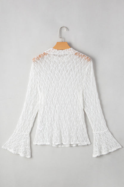 Sheer Lace Bell Sleeve Mock Neck Blouse