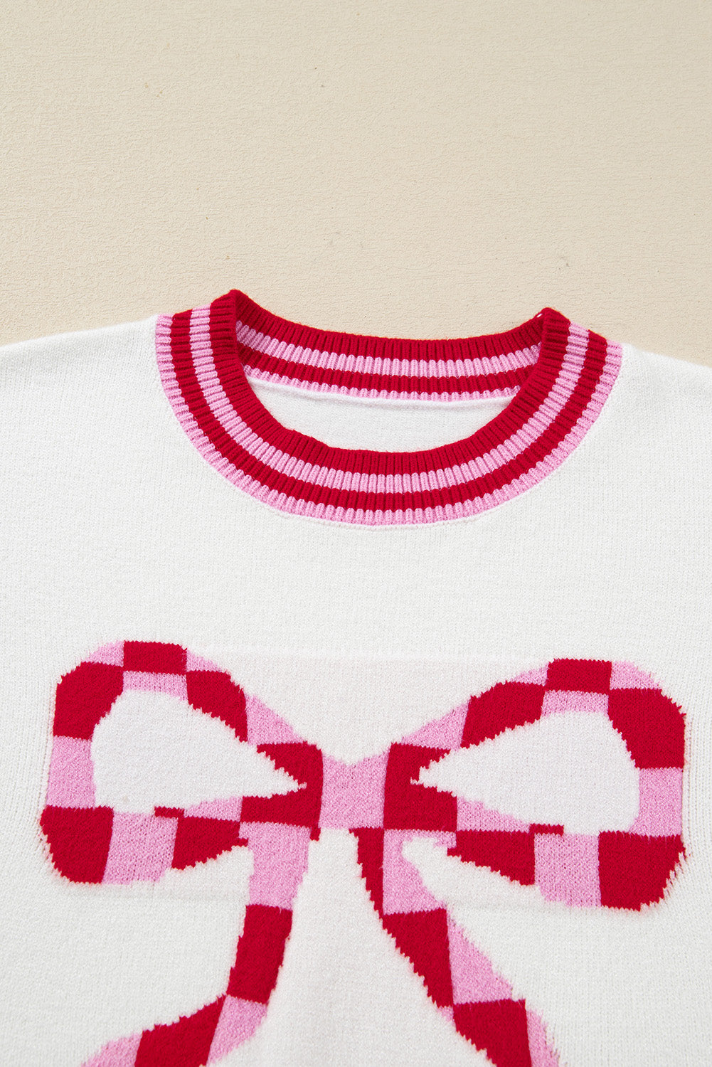 Christmas Stripe Trim Bow Crewneck Sweater