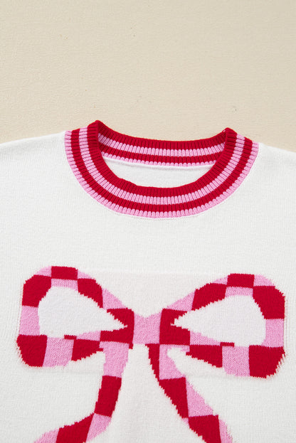 Christmas Stripe Trim Bow Crewneck Sweater