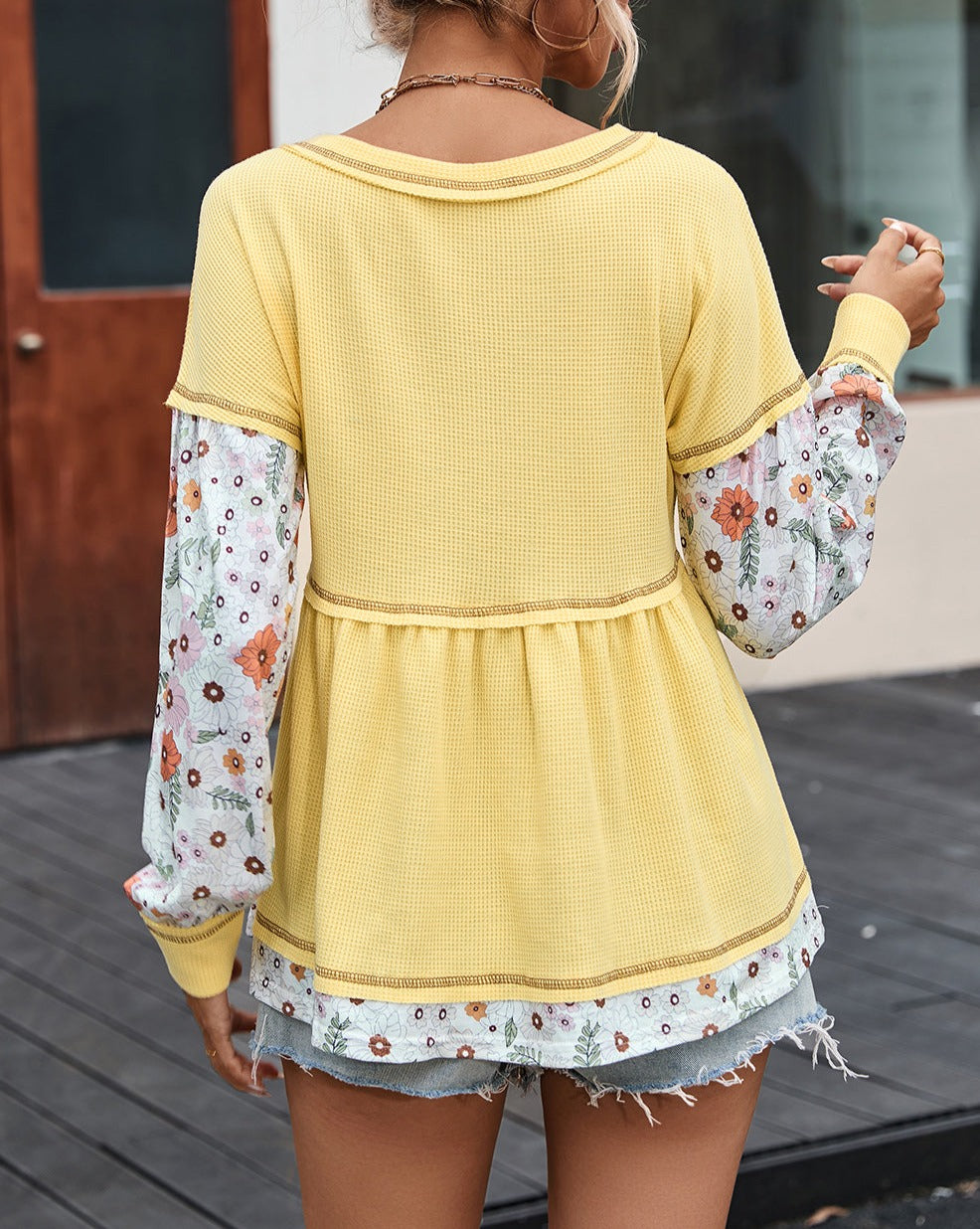 Floral Colorblock Waffle Peplum Blouse