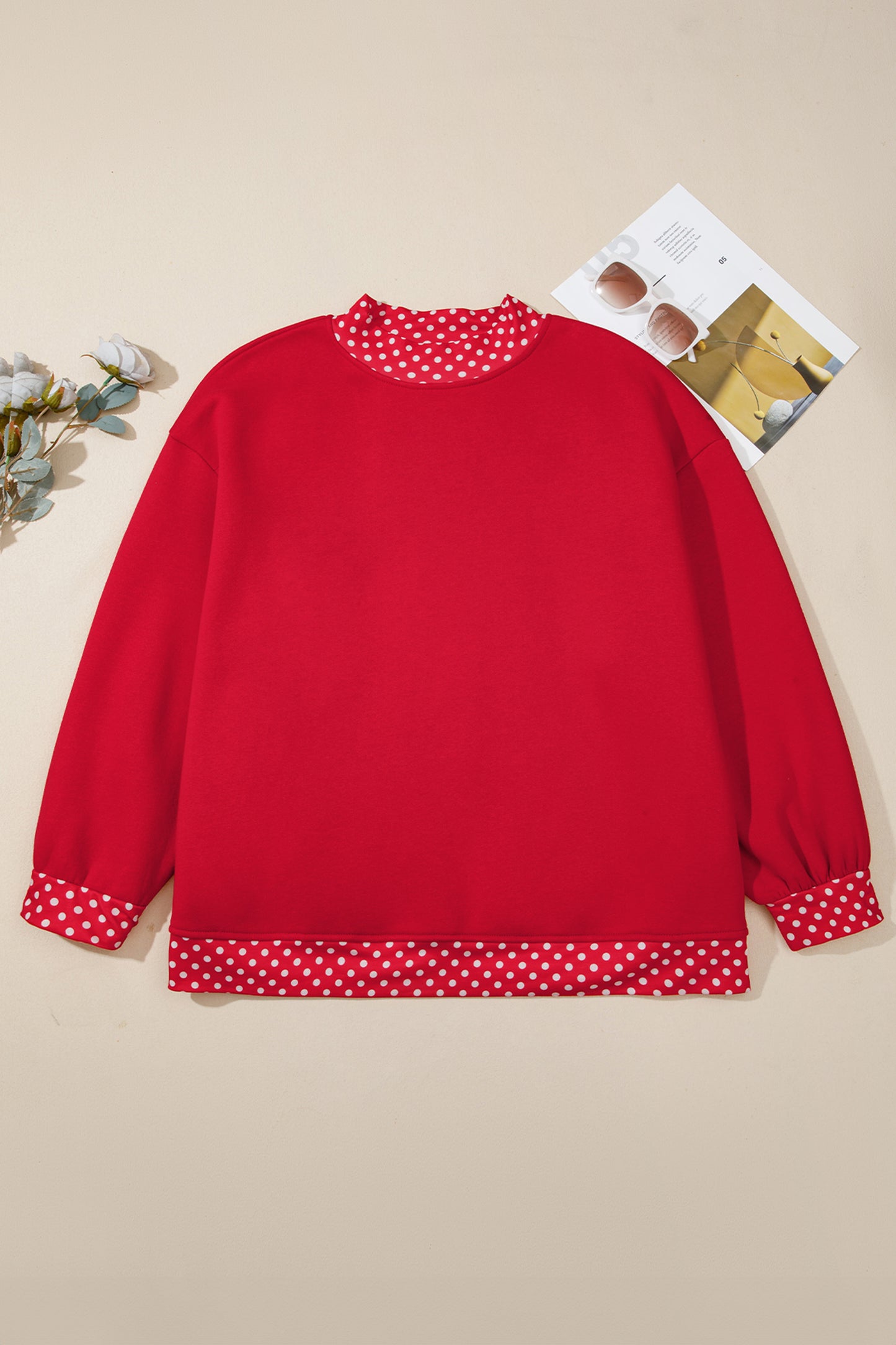 Plus Size Polka Dot Contrast Trim Mock Neck Sweatshirt