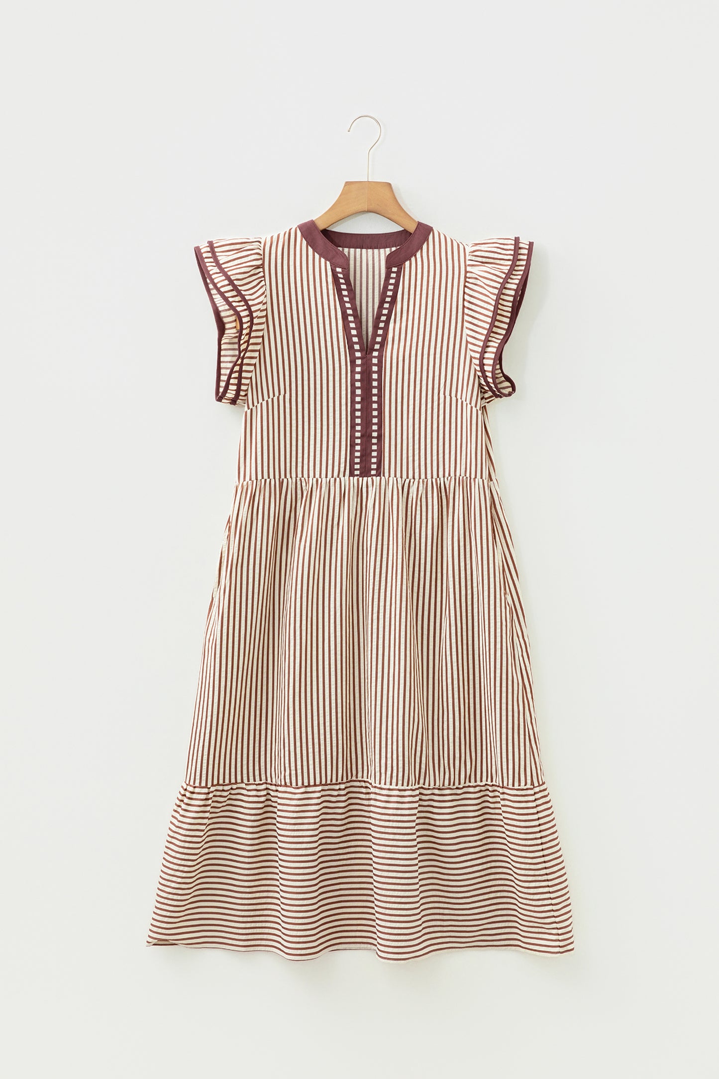 Stripe Ruffle Short Sleeve V-Neck Midi Dress