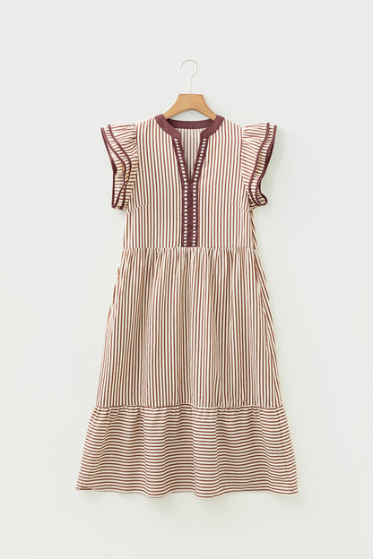 Stripe Ruffle Short Sleeve V-Neck Midi Dress