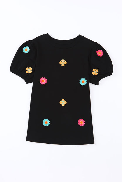 Floral Embroidered Puff Sleeve Tee