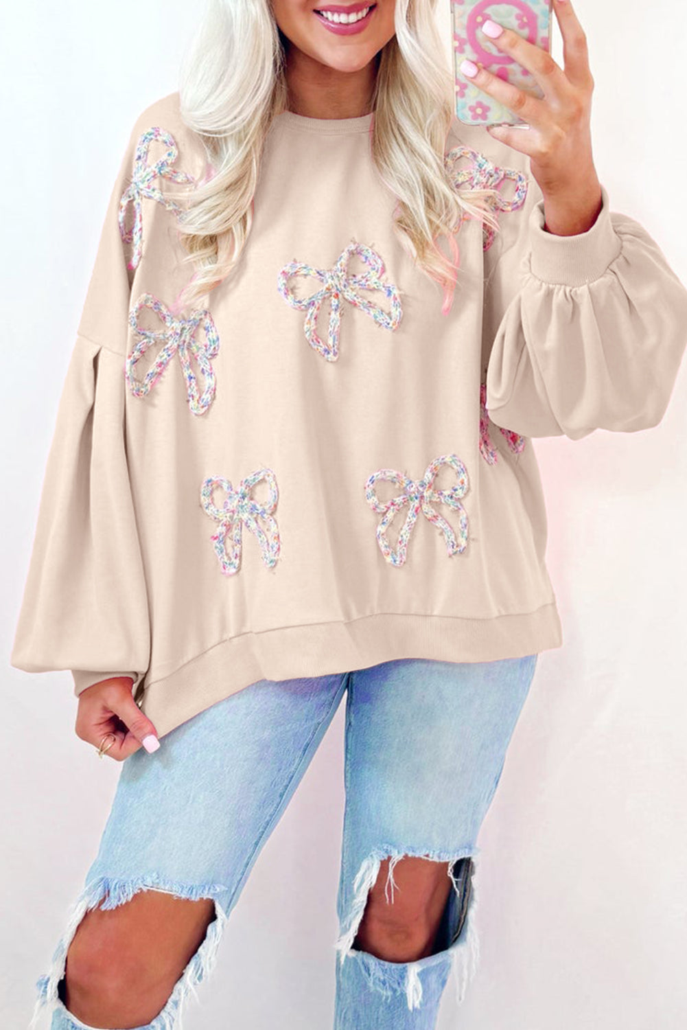 Bow Embroidered Lantern Sleeve Sweatshirt