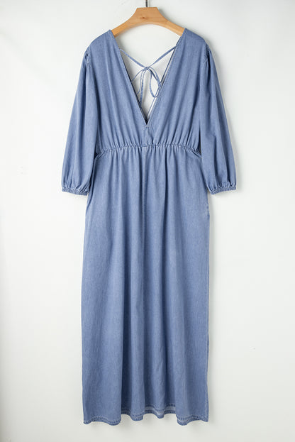 Chambray V-Neck 3/4 Sleeve Maxi Dress