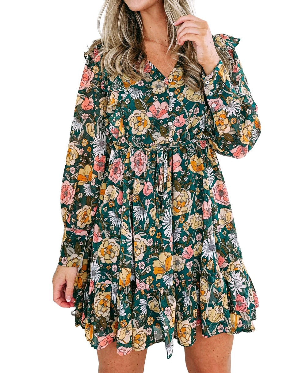 Floral Ruffle Buttoned Bodice Dress