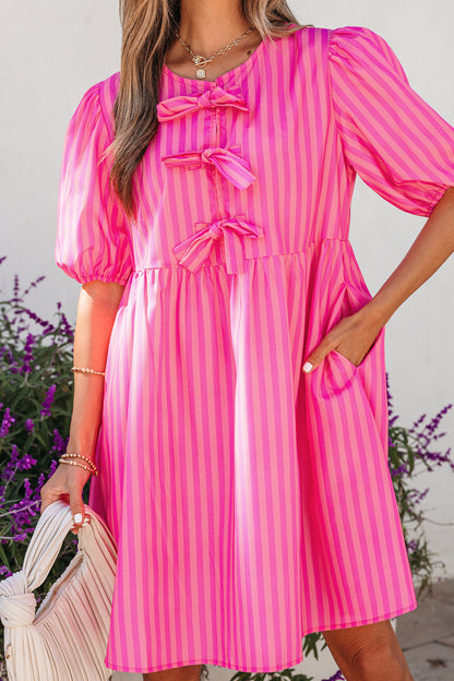 Stripe Bow Tie Front Short Puff Sleeve Dress