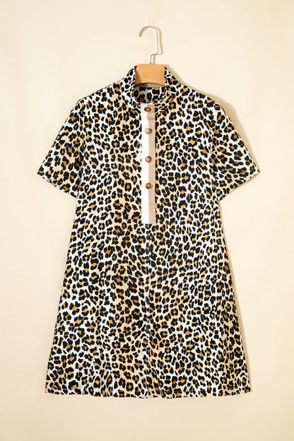 Leopard Half Buttoned Short Sleeve Mini Dress