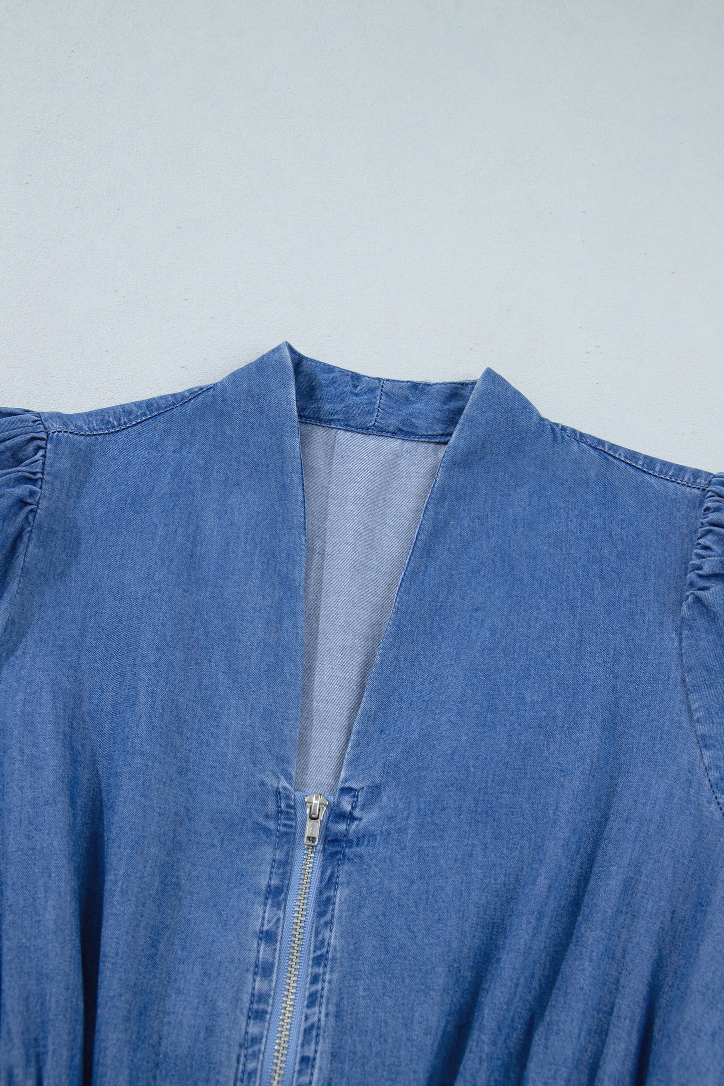 Denim Shirred Waist Zip-Up V-Neck Midi Dress