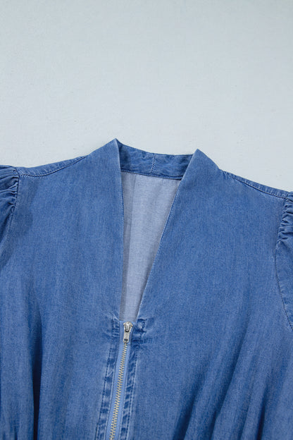 Denim Shirred Waist Zip-Up V-Neck Midi Dress