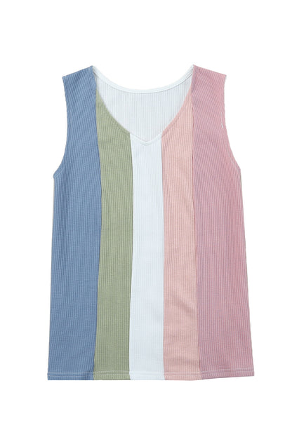 Colorblock Stripe Waffle V-Neck Top