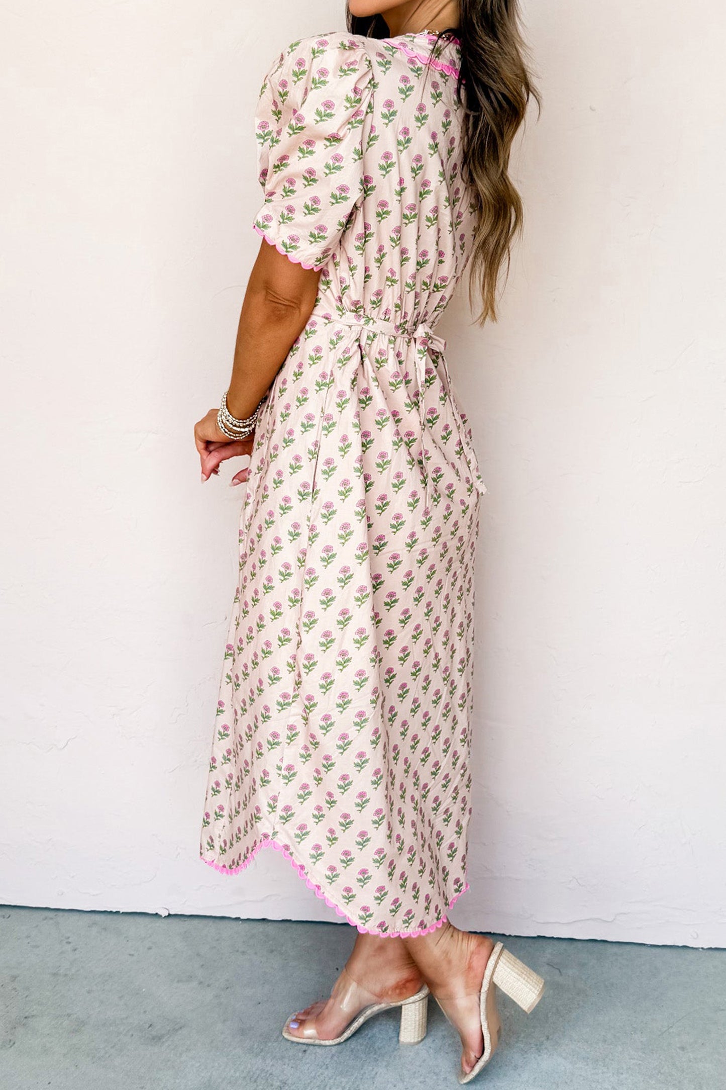 Floral Scallop Trim V-Neck Button Front Maxi Dress