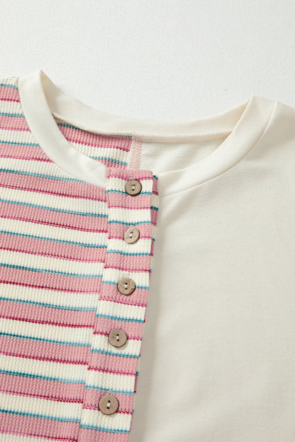 Stripe Patchwork Long Sleeve Henley Top