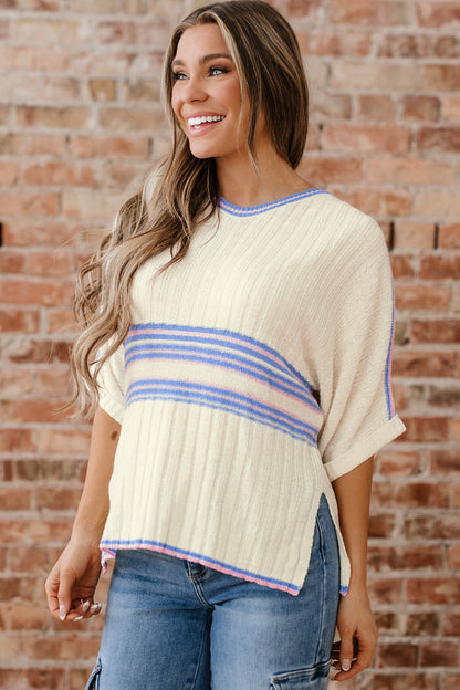 Stripe Ribbed Dolman Sleeve V-Neck Sweater