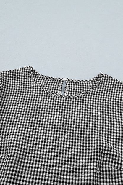 Gingham Plaid Bow Ruffle 3/4 Sleeve Blouse