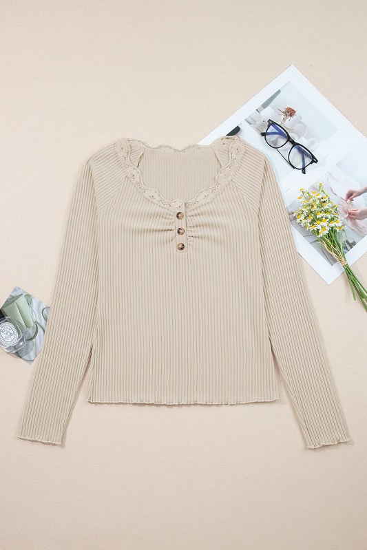 Solid Ribbed Lace Neckline Long Sleeve Top