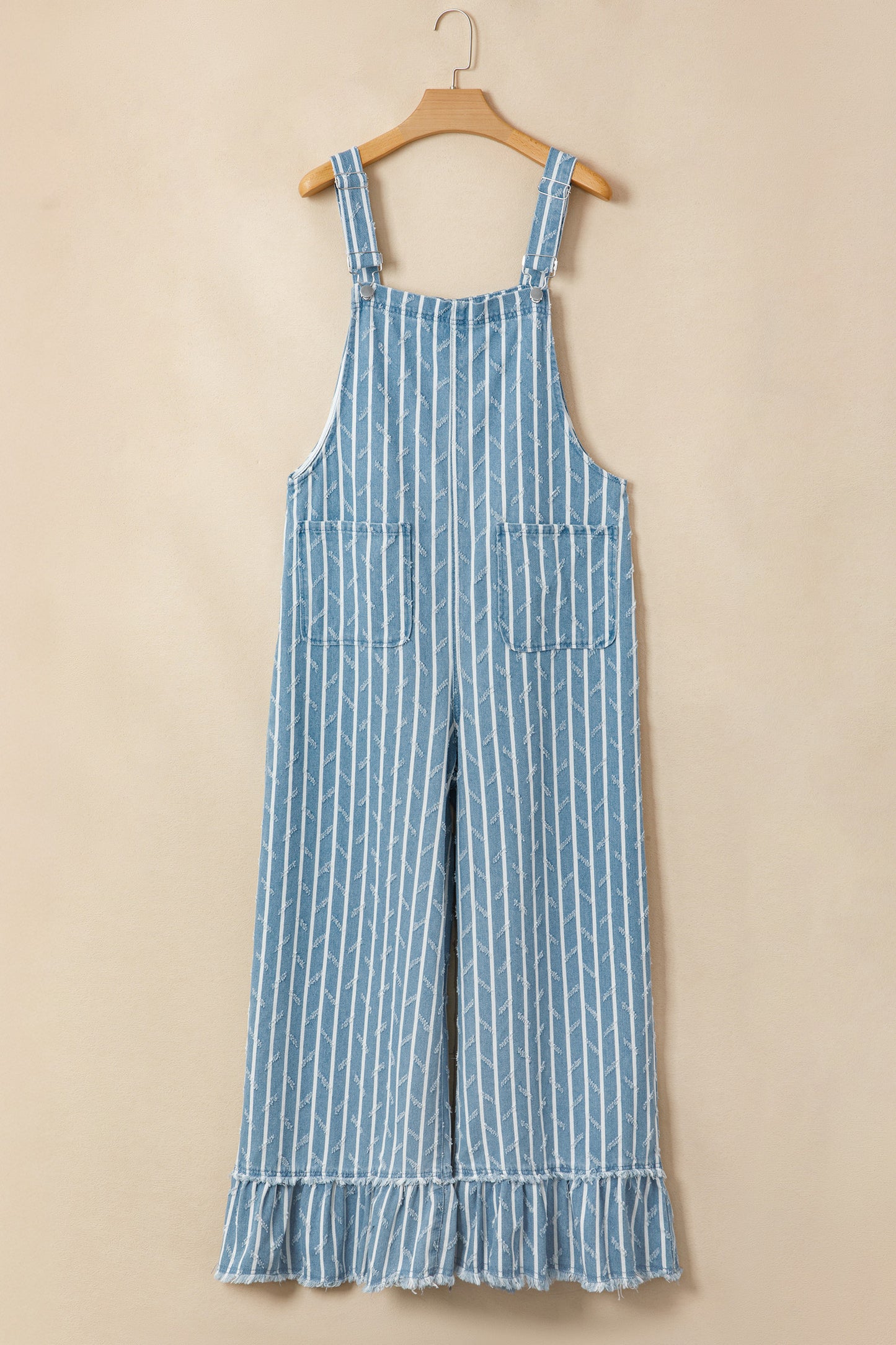 Stripe Distressed Denim Ruffle Wide Leg Overalls