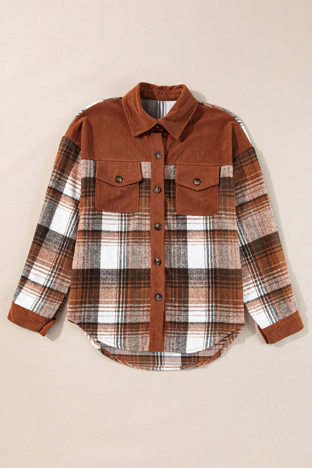 Plaid Corduroy Patchwork Pocketed Shacket