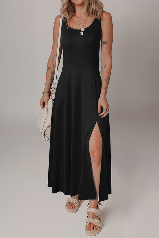 Sleeveless Flared Slit Midi Dress