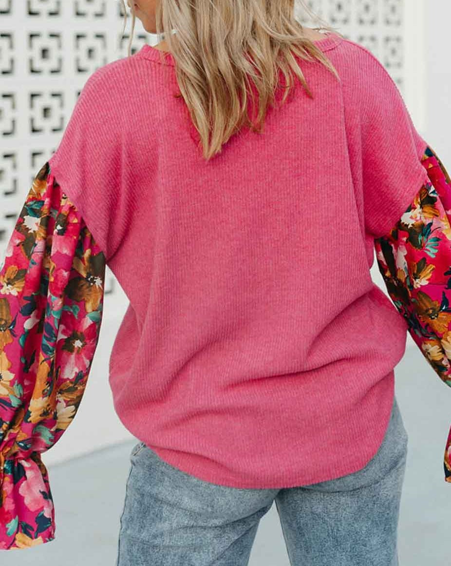 Floral Ribbed Ruffle Sleeve Top