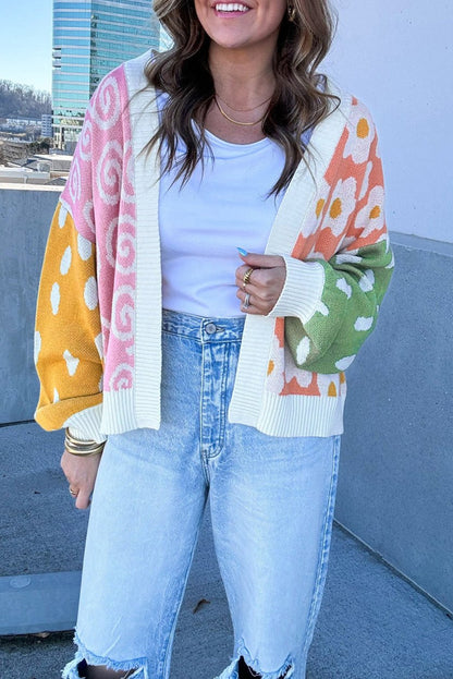 Floral Dotted Colorblock Open Front Cardigan