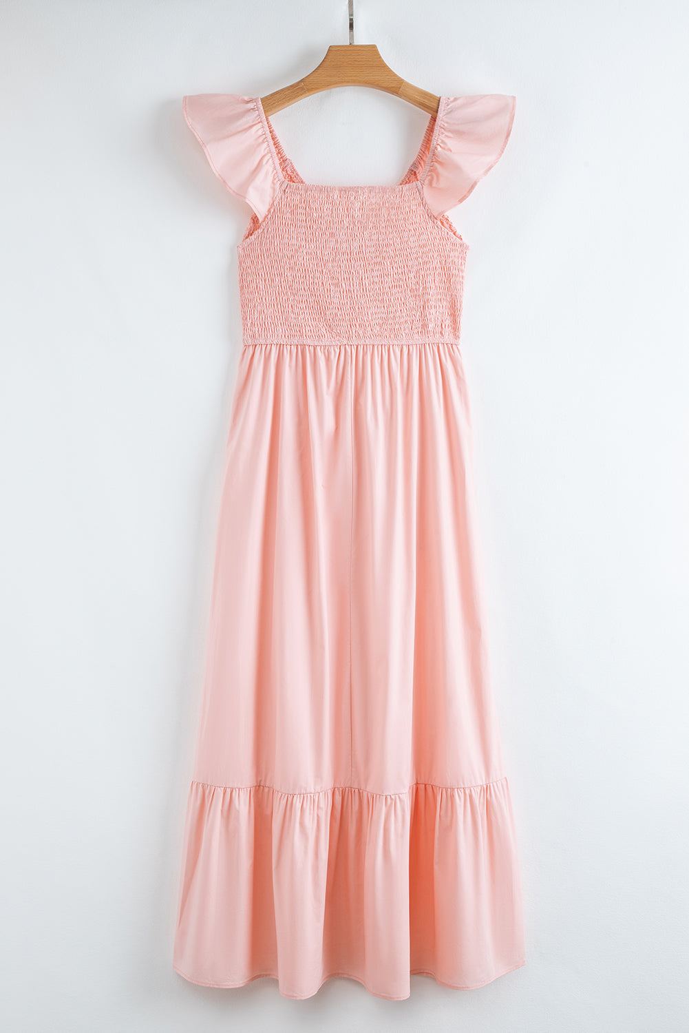 Solid V-Neck Flutter Sleeve Ruffle Maxi Dress