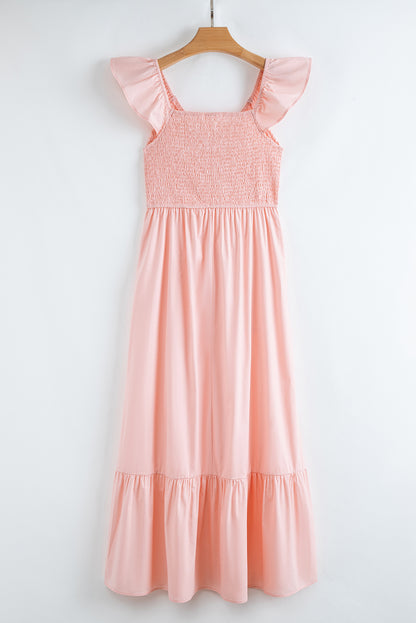 Solid V-Neck Flutter Sleeve Ruffle Maxi Dress