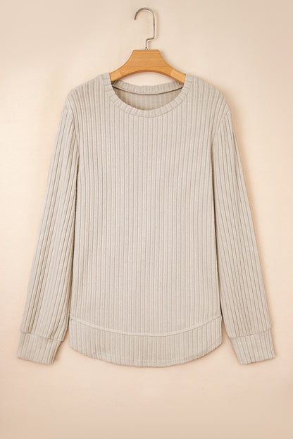 Solid Ribbed Knit Textured Round Neck Top
