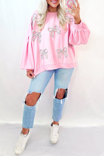 Bow Embroidered Lantern Sleeve Sweatshirt