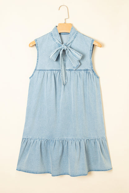 Chambray Bow Neck Sleeveless Ruffle Dress