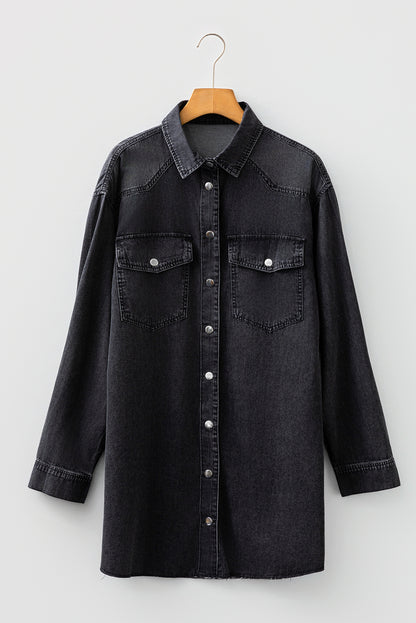 Solid Denim Chest Pocket Raw Hem Shirt Dress