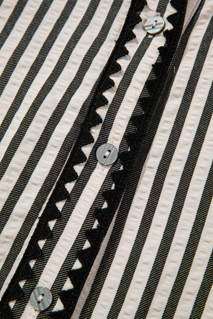 Stripe Scallop Trim Shirt Collar Maxi Dress